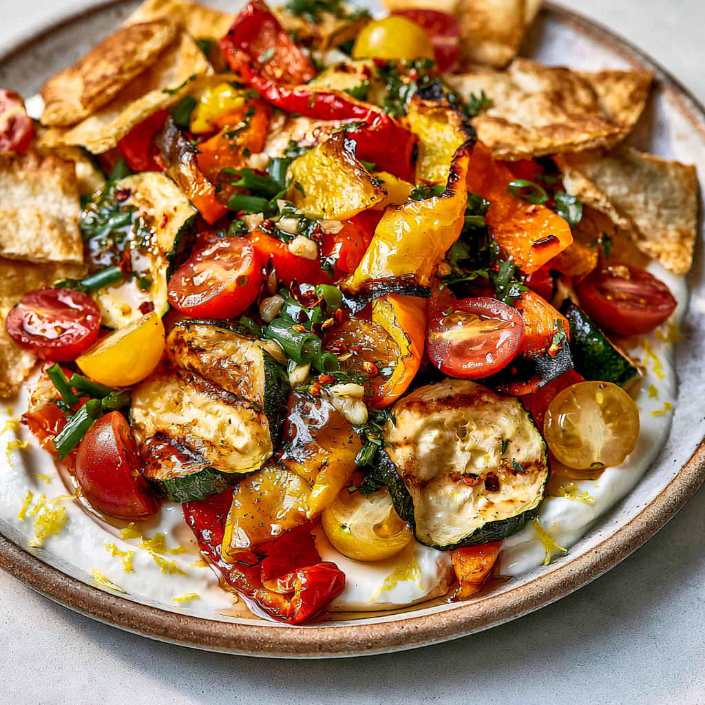 Salade de poivrons et courgettes grillés au yaourt citronné.