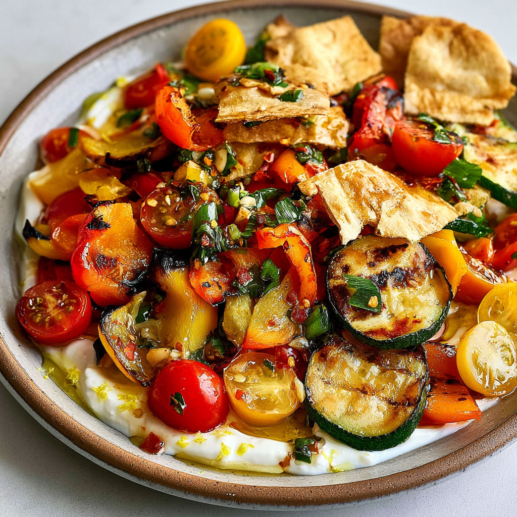 Poivrons rôtis, courgettes grillées et sauce au yaourt : une salade colorée et pleine de saveurs.