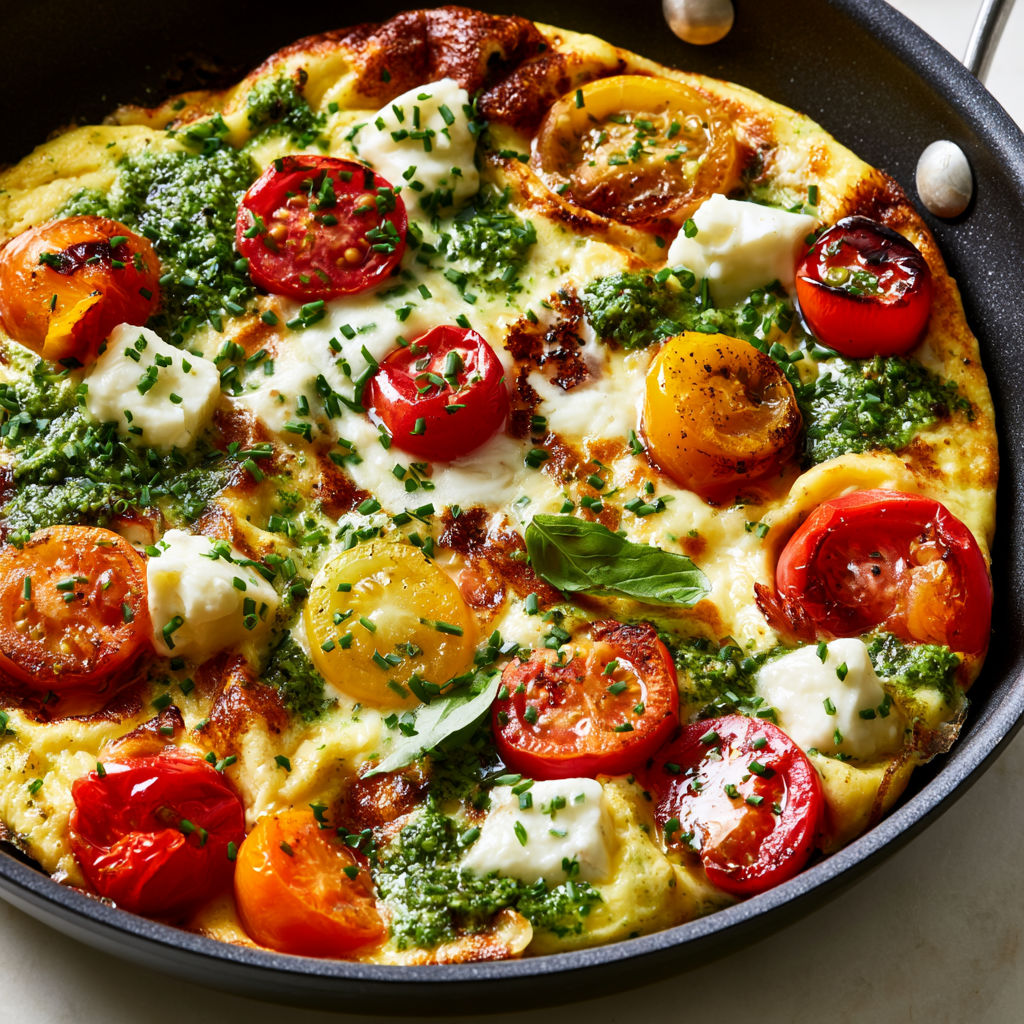 Omelette aux tomates, mozzarella et pesto : un repas gourmand prêt en 15 minutes.