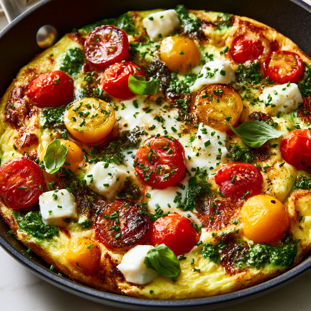 Cette omelette fondante à la mozzarella et au pesto est parfaite pour un déjeuner d'été.