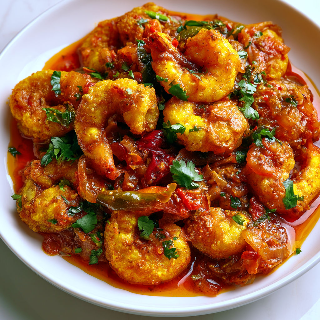 Une assiette de crevettes façon Malaisienne, servie dans une sauce épicée.