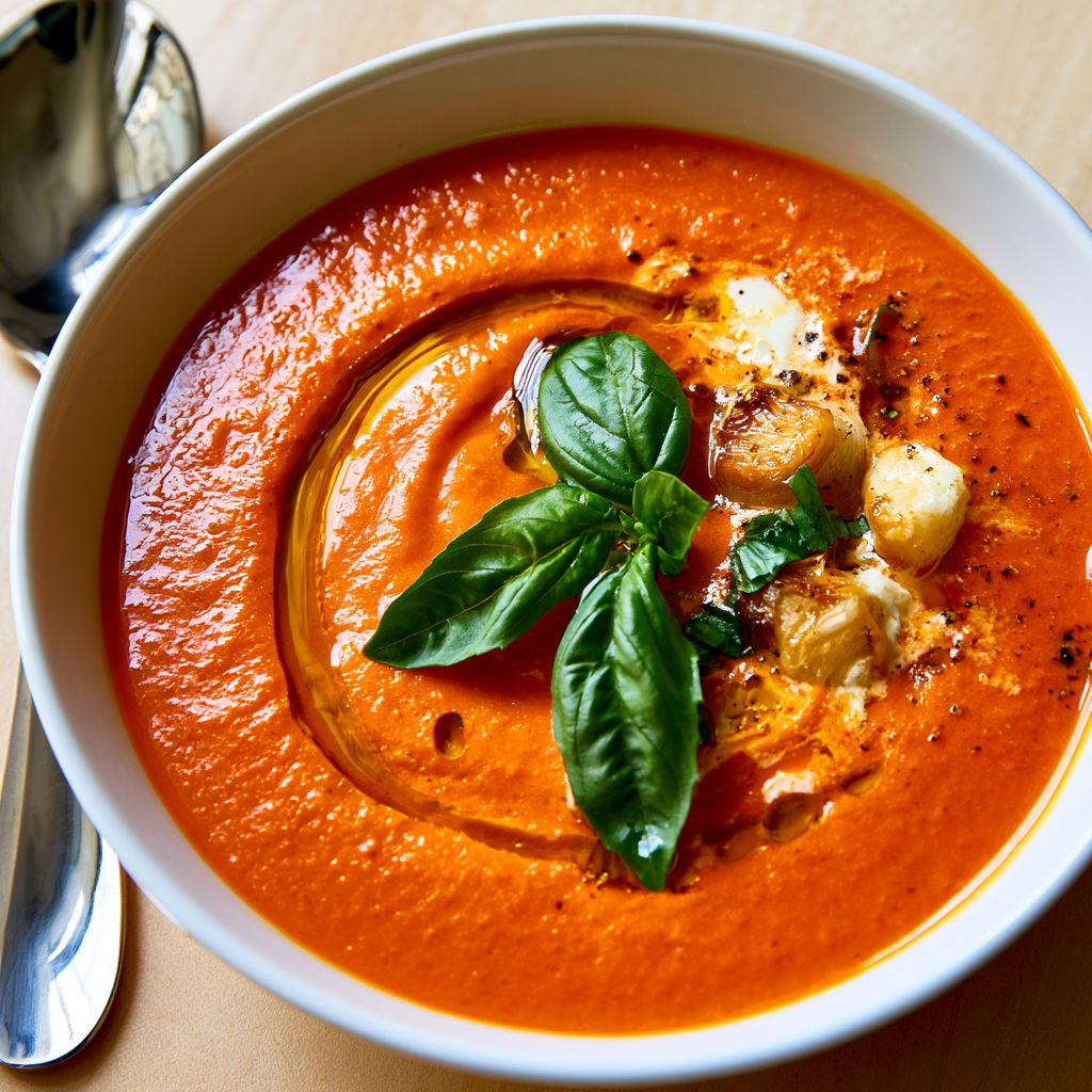 Tomates rôties, ail confit et crème , la recette facile d’un velouté ultra savoureux.