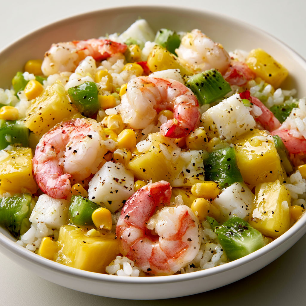 Salade fraîche hawaïenne aux crevettes, maïs, ananas et kiwi.