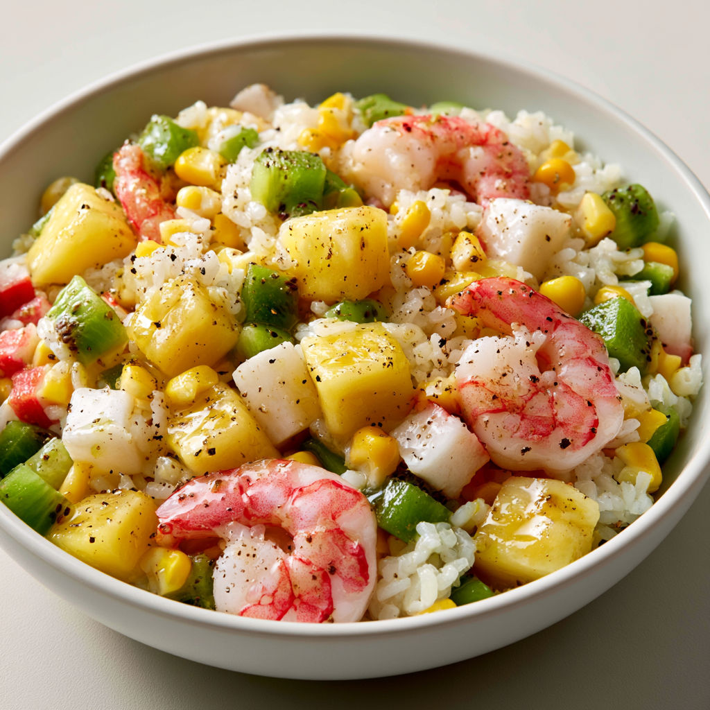 Salade hawaïenne aux crevettes, ananas, riz et kiwi.