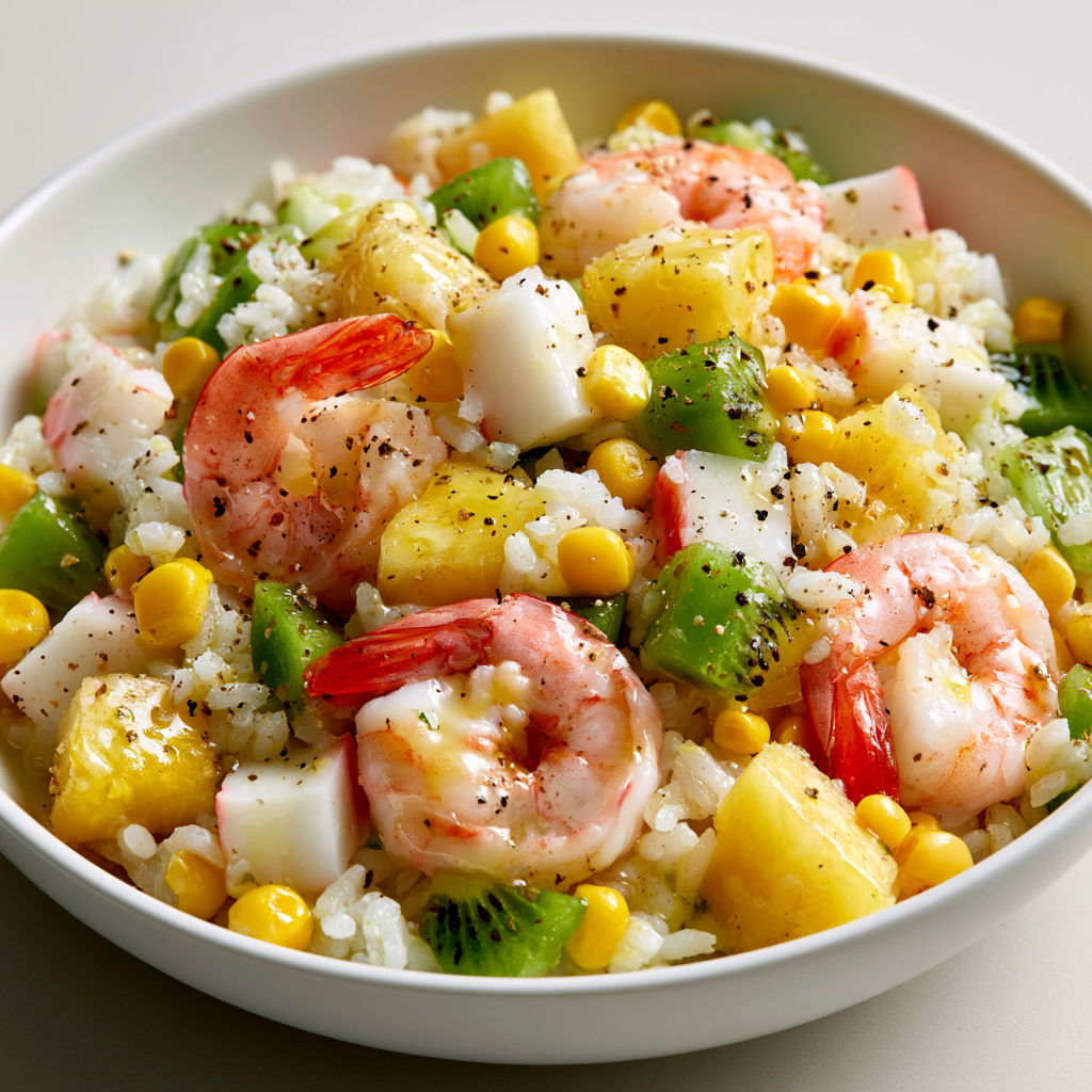 Salade de riz hawaïenne aux crevettes, surimi et fruits exotiques.