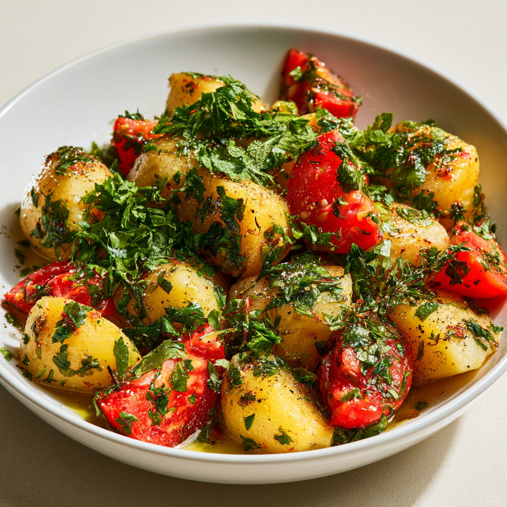 Une salade de pommes de terre aux herbes est servie dans un bol.