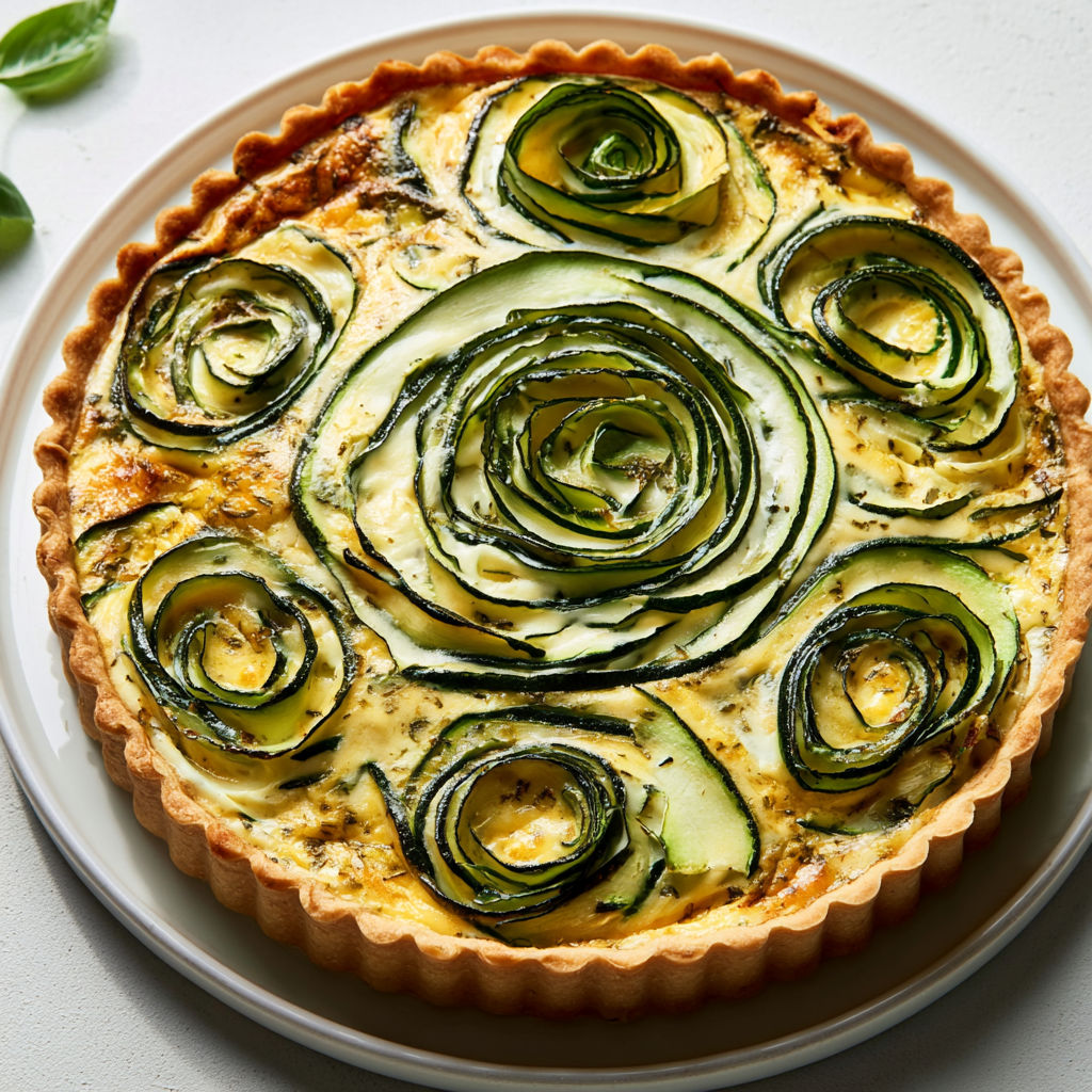 Une tarte aux courgettes et basilic est servie sur un plateau.