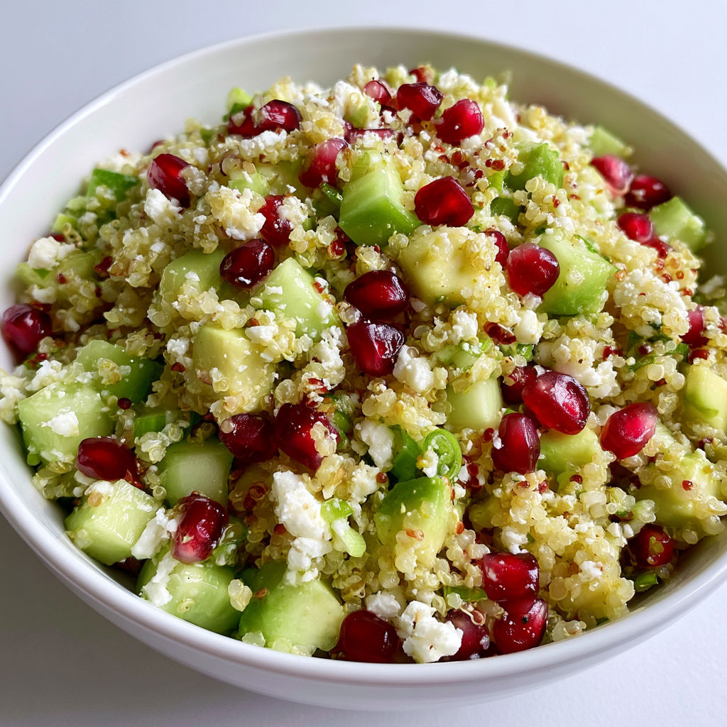 Une salade de quinoa, avocat, concombre, feta et grenade est servie dans un bol.