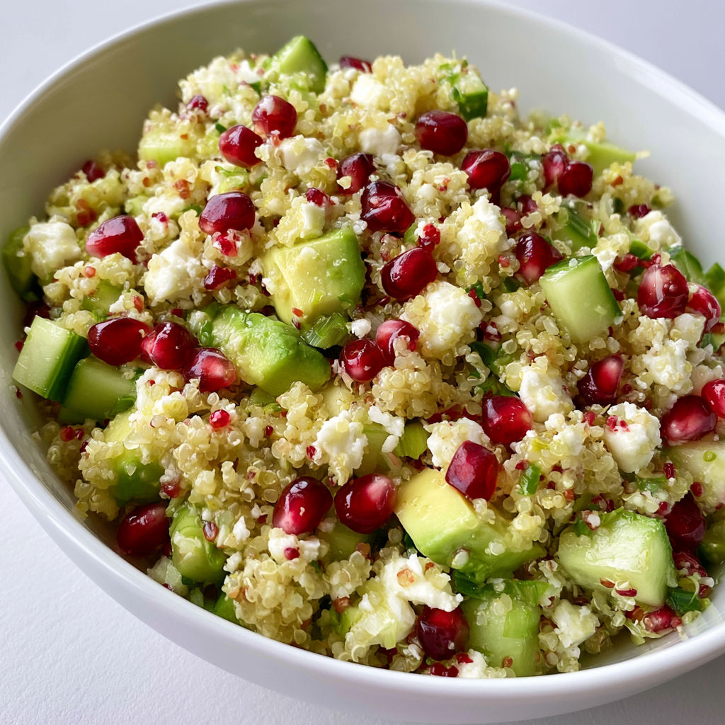 Salade de quinoa à l’avocat, feta, concombre et grenade.