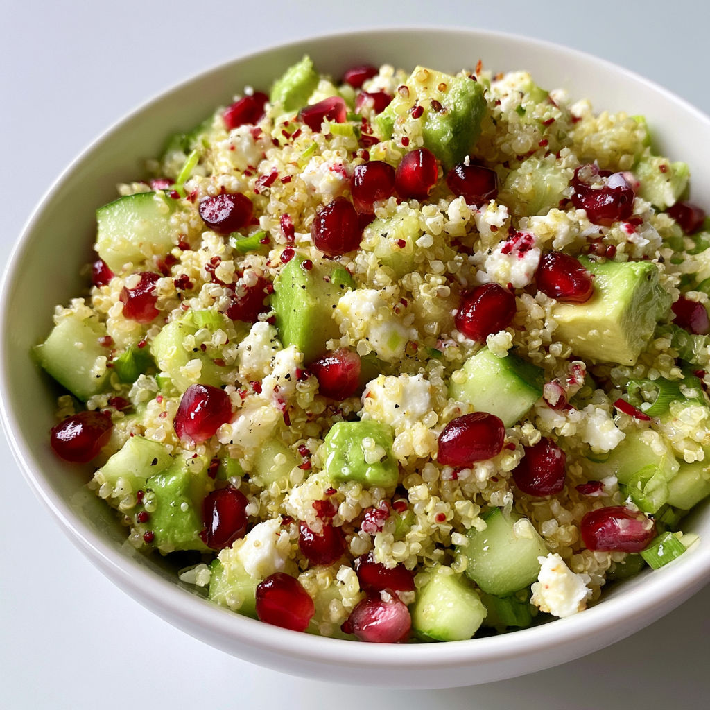 Salade de quinoa fraîche et colorée à la feta, avocat et grenade.