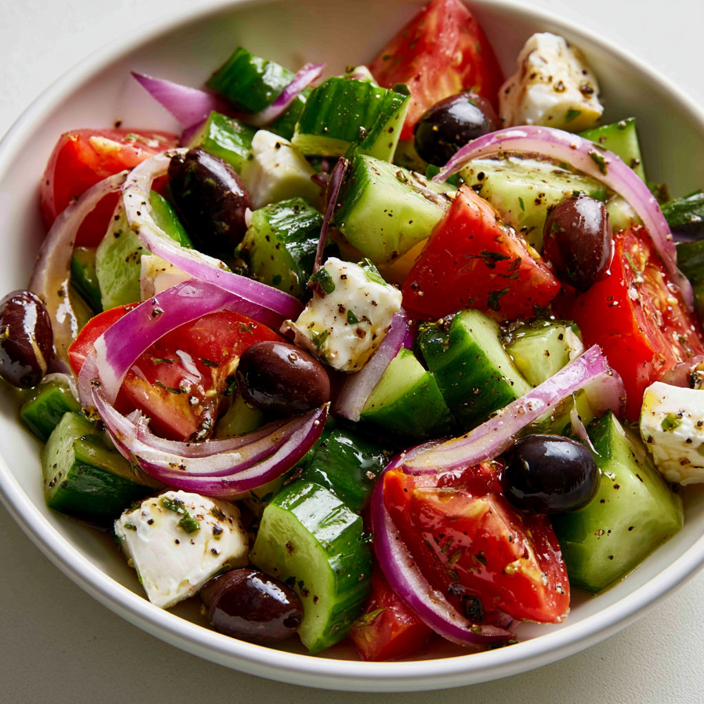 Une salade grecque composée de tomates, concombres et feta, servie dans un bol.