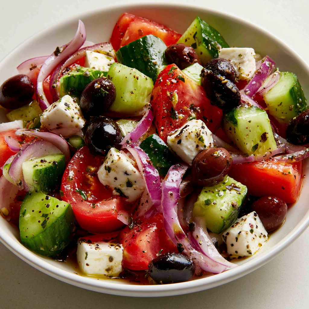 Salade grecque traditionnelle à la feta, tomates, concombre et olives.