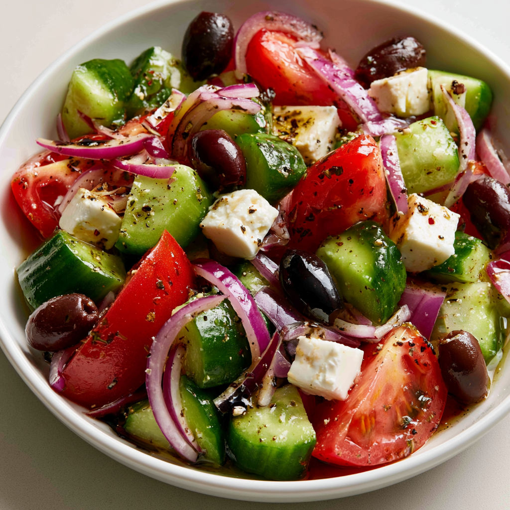La véritable salade grecque à la feta, simple, colorée et pleine de saveurs.