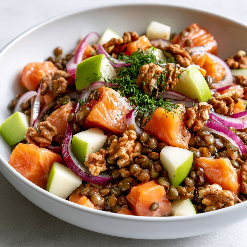 Une salade de lentilles et saumon avec des fruits tels que des pomme et des noix.