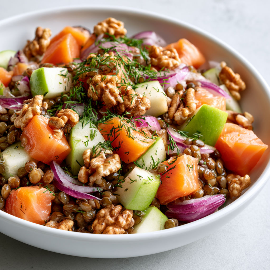 Salade de lentilles au saumon fumé, pomme Granny et noix.