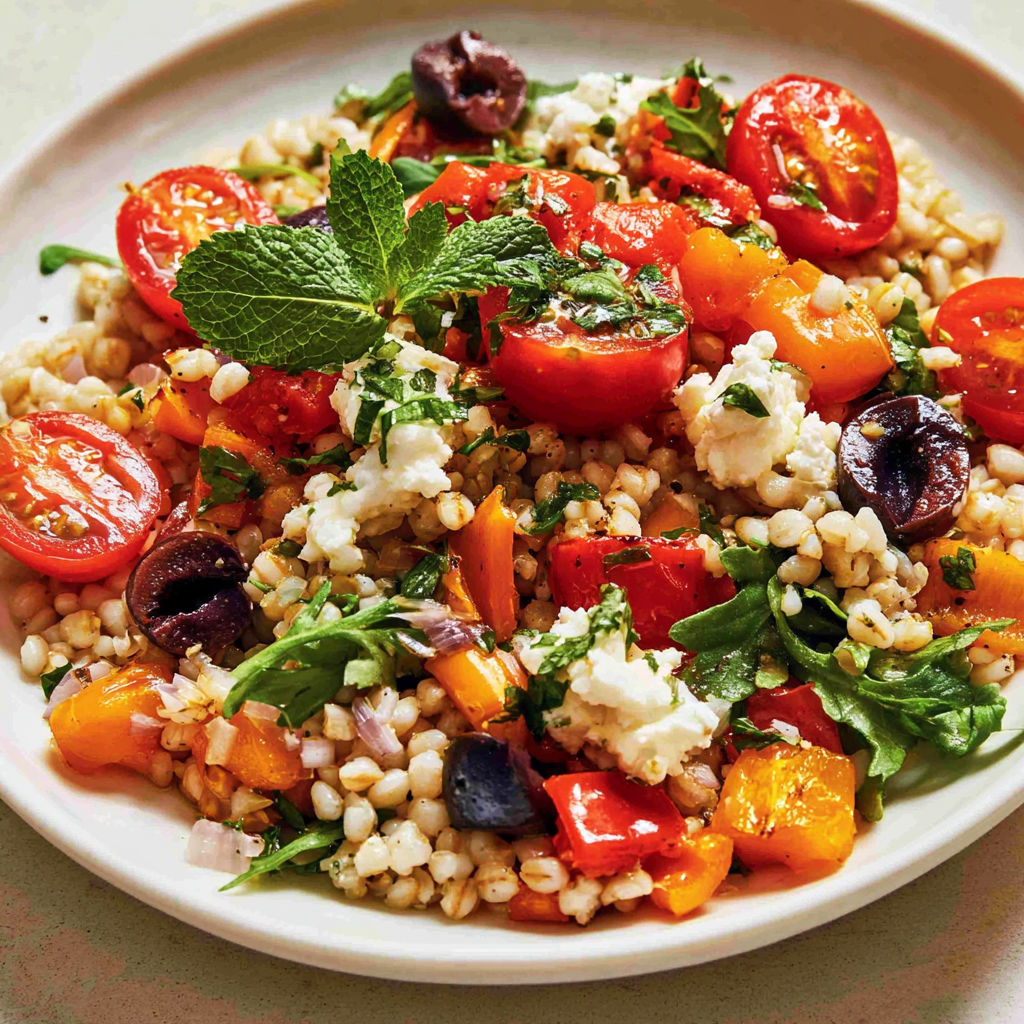 Une salade d'orge aux poivrons roti et a la feta, avec des tomates et des herbes