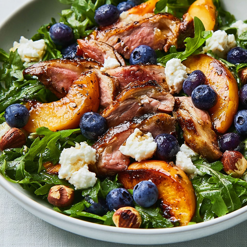 Une salade de pêches, myrtilles et agneau