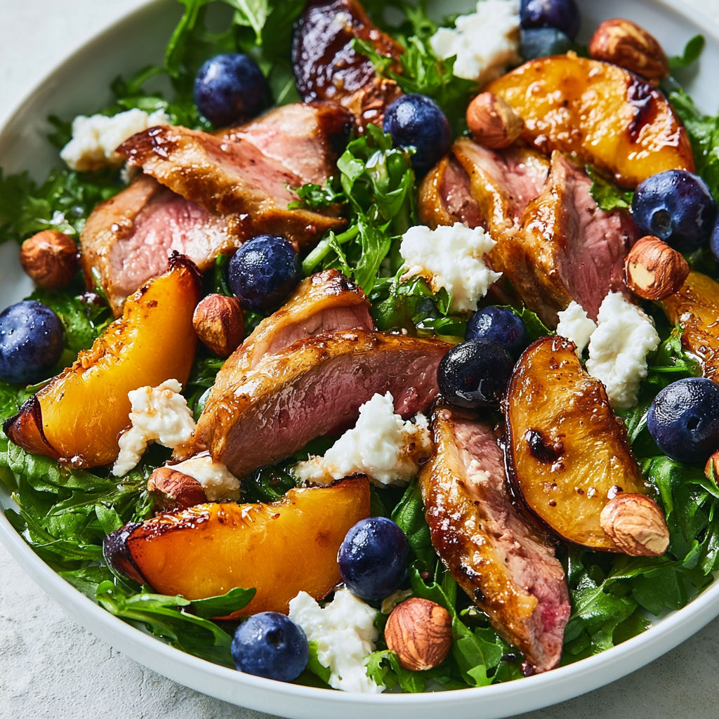 Salade d’agneau aux pêches rôties, myrtilles et chèvre frais.
