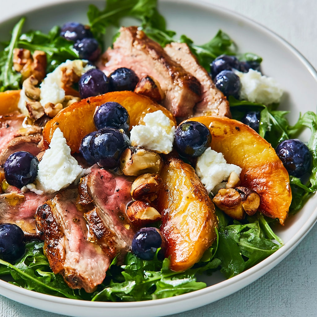 Salade sucrée-salée à l’agneau, pêches, myrtilles et noisettes.