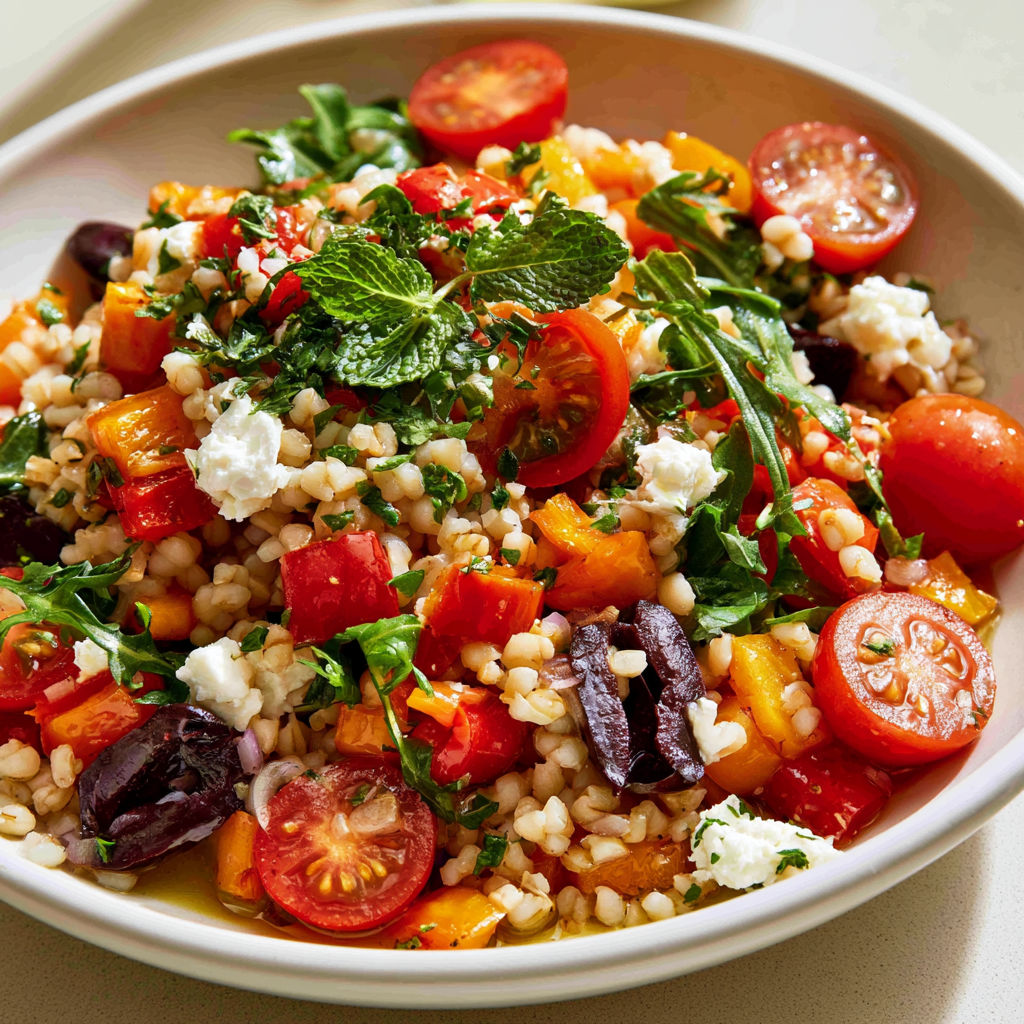 Salade d’orge méditerranéenne aux poivrons grillés et feta.