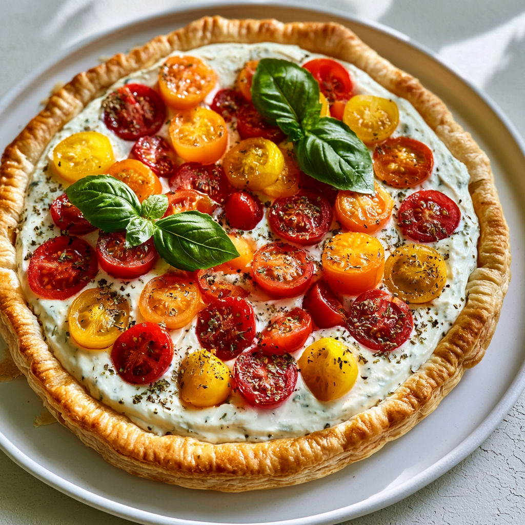 Tarte froide aux tomates cerises, basilic et skyr, idéale pour les beaux jours.