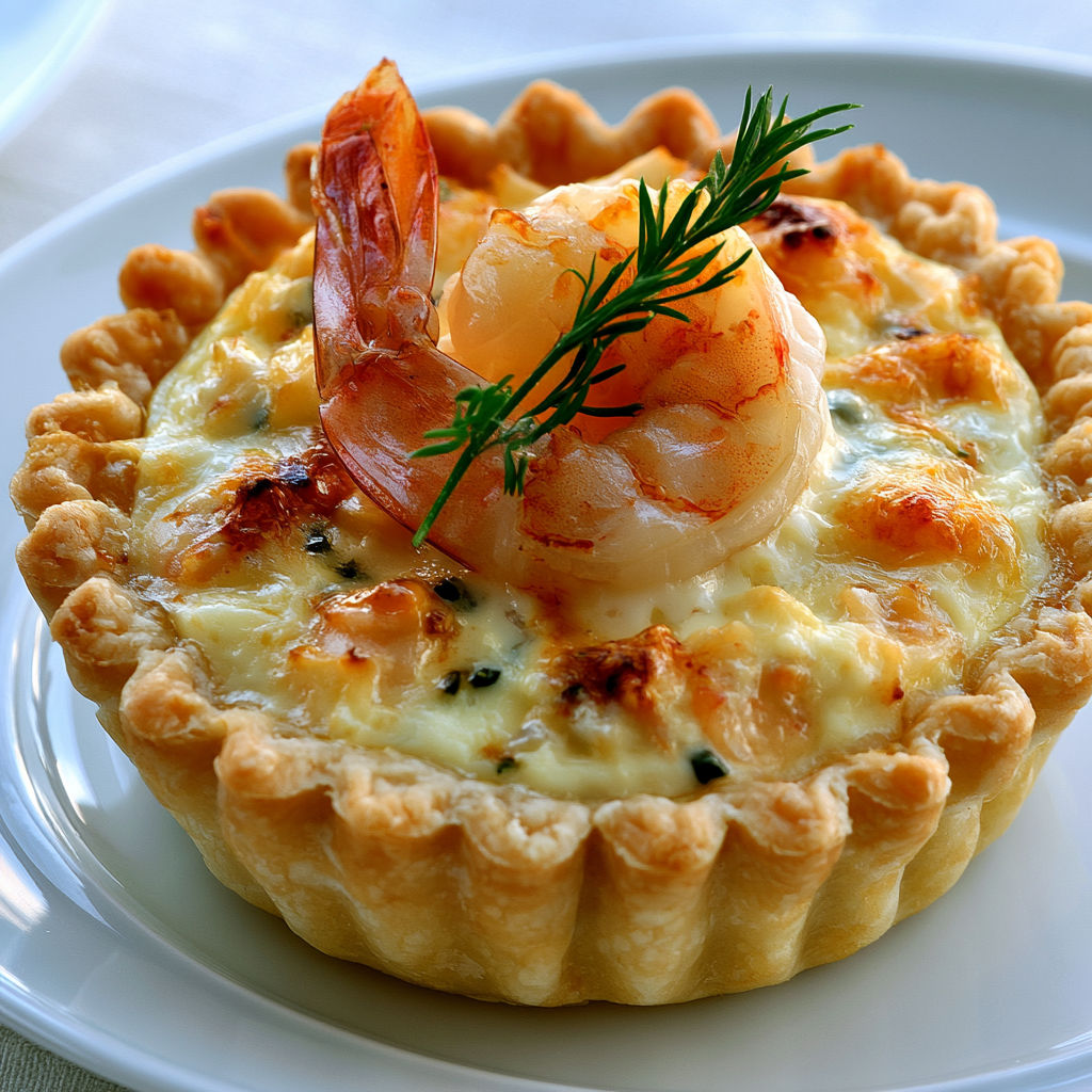 Mini tartelettes aux crevettes, crème et fromage.