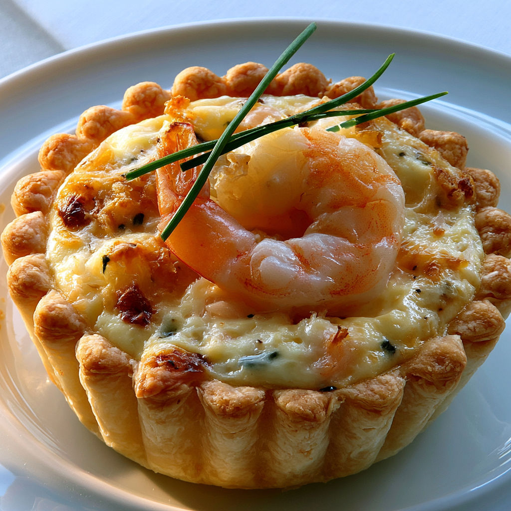 Tartelettes salées aux crevettes et fromage râpé.