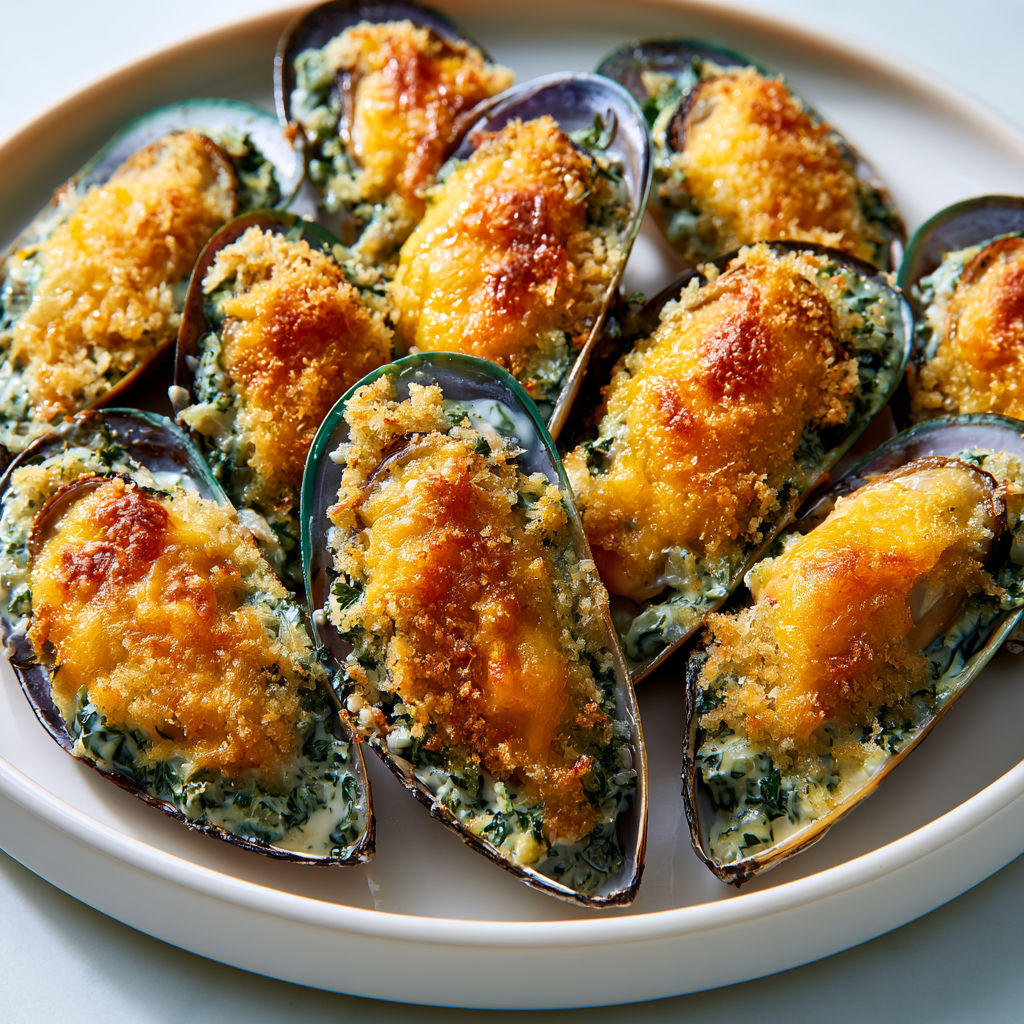 Moules gratinées au gruyère et aux échalotes.