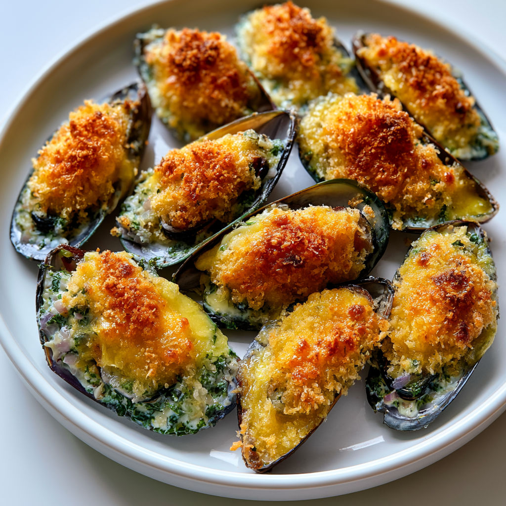 Gratin de moules au gruyère, crème et persil.