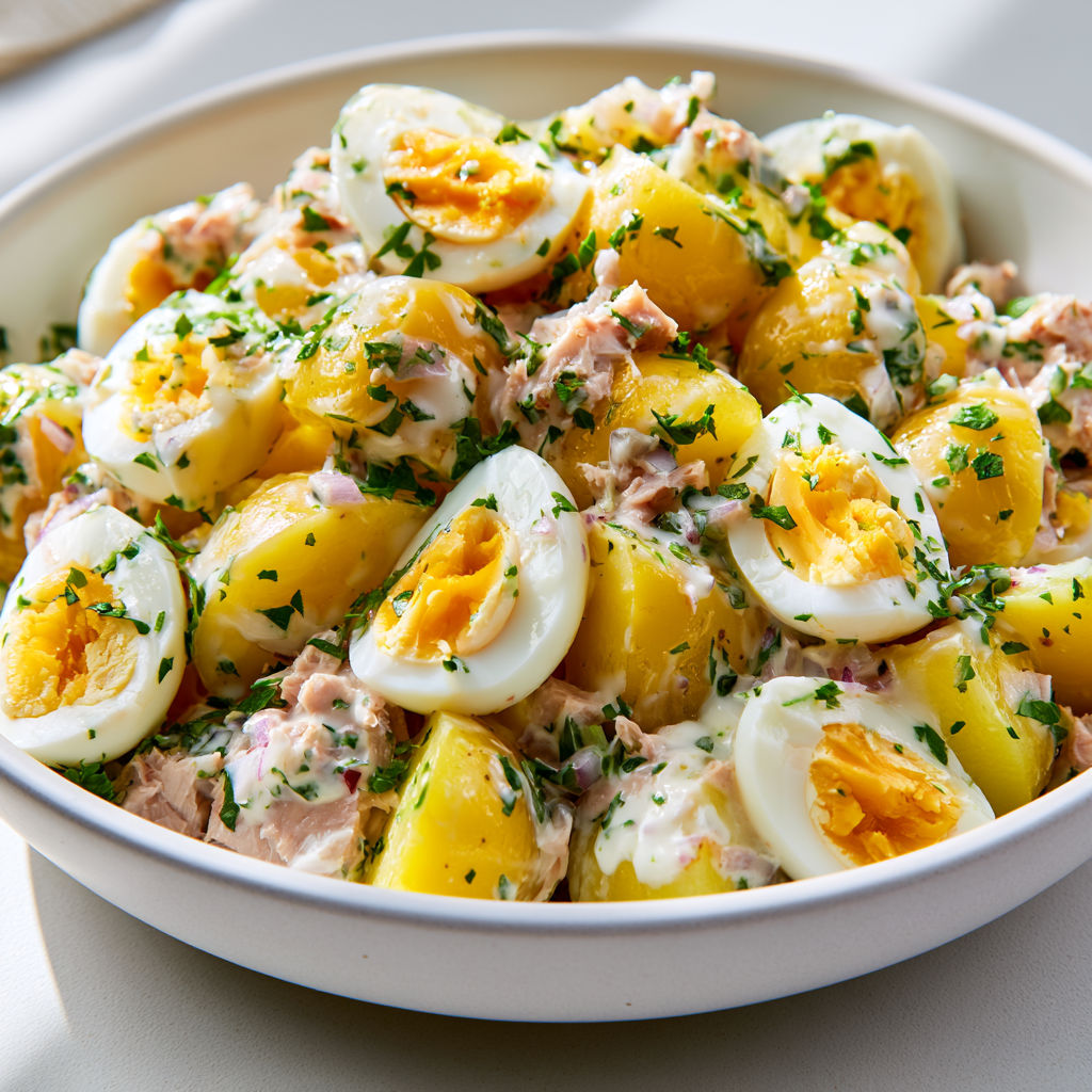 Salade de pommes de terre au thon et aux œufs.