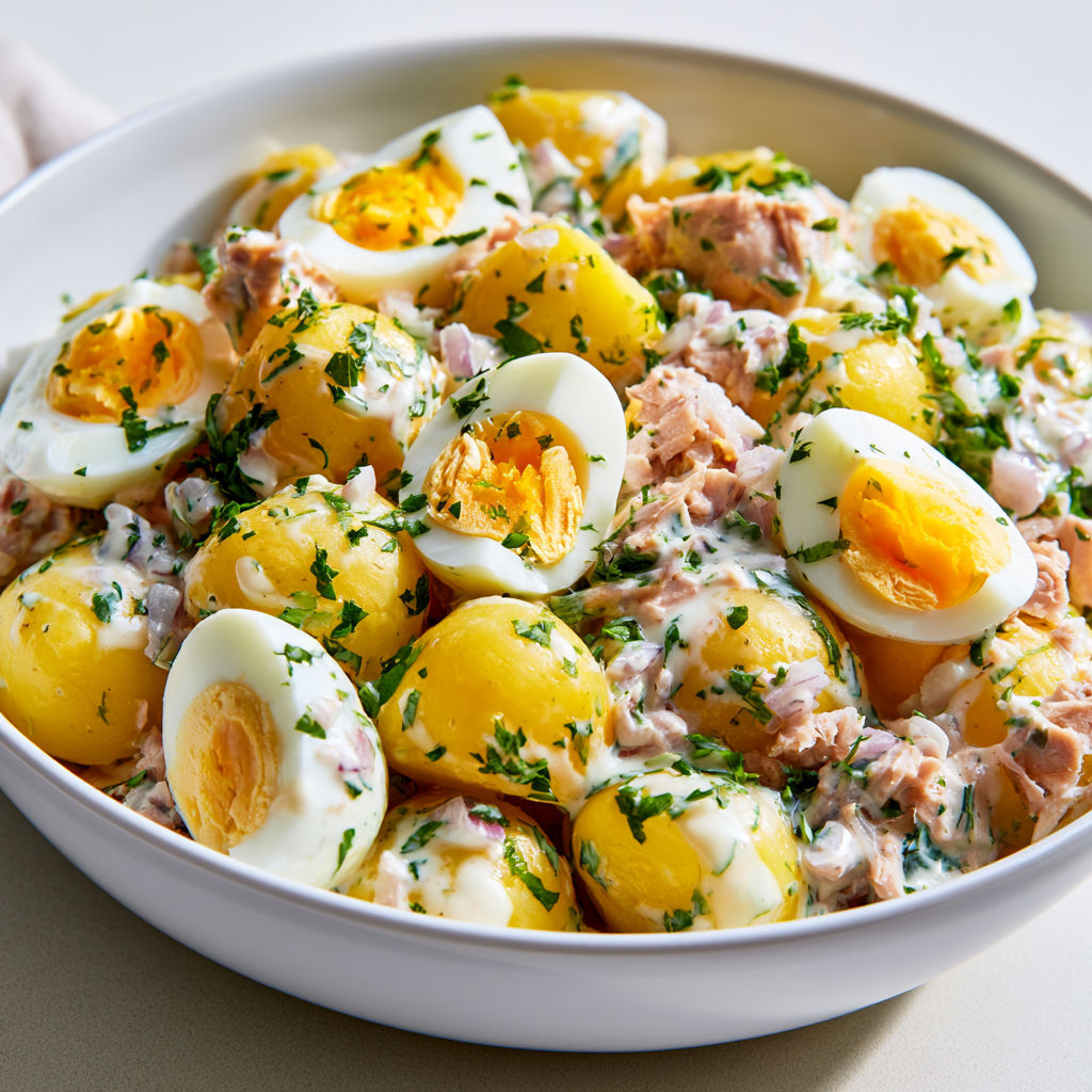 Salade de pommes de terre au thon, échalotes et herbes fraîches.