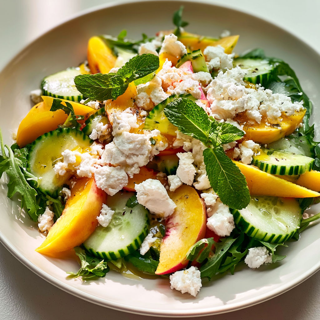 Salade de pêches, concombre et feta, une recette fraîche et estivale.