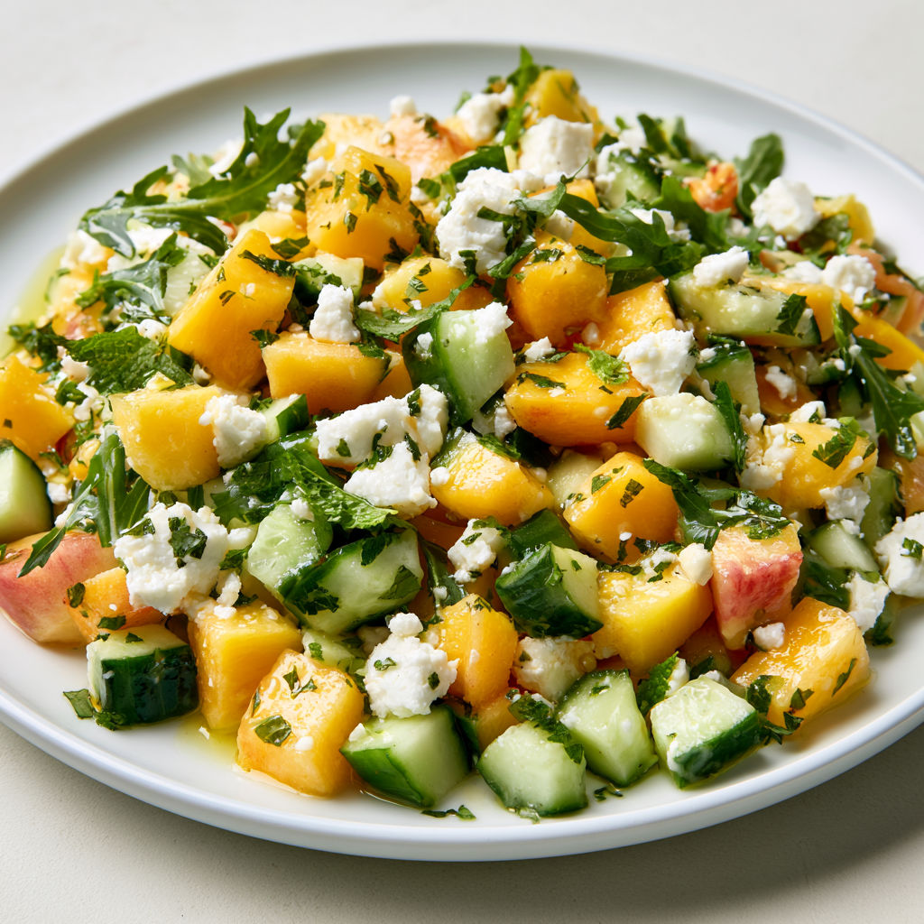 Salade estivale aux pêches, concombre, feta et menthe fraîche.