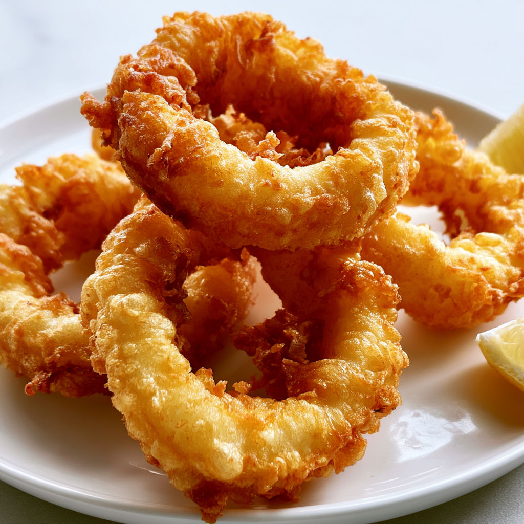 Beignets de calamars croustillants, servis avec des quartiers de citron.