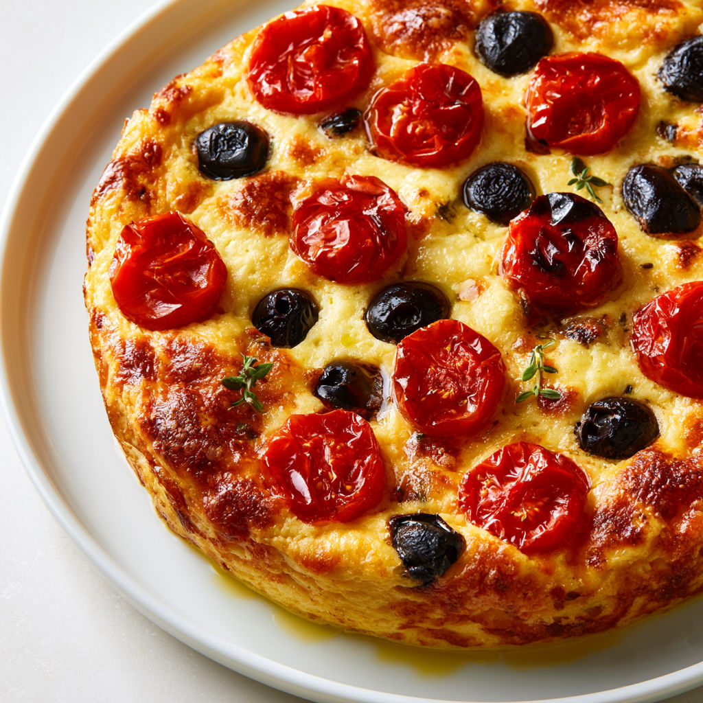 Clafoutis salé aux tomates cerises, olives noires et parmesan.