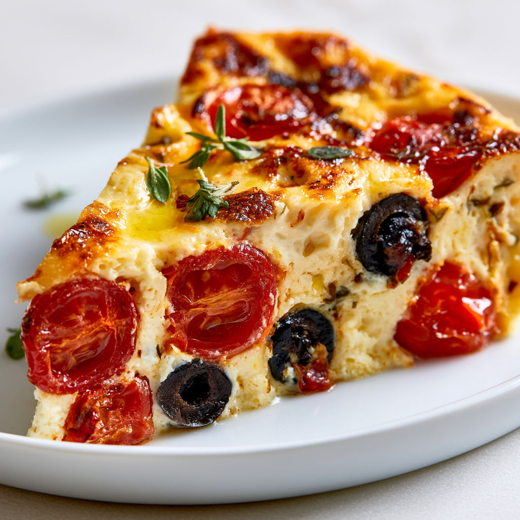 Clafoutis salé aux tomates, olives et thym, moelleux et parfumé.
