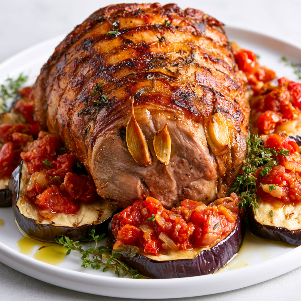Épaule d'agneau au barbecue et gratin d'aubergines à la tomate.