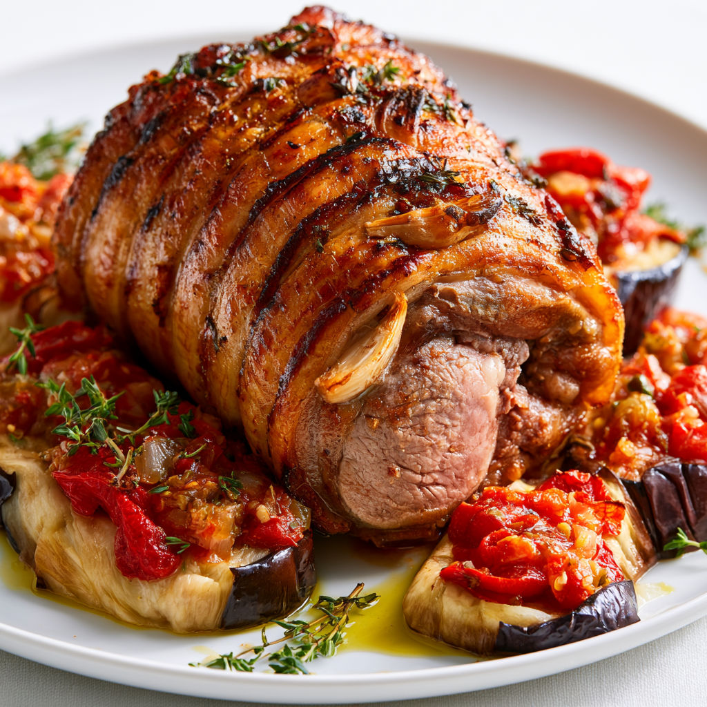 Épaule d'agneau au barbecue accompagnée d'aubergines fondantes à la tomate.