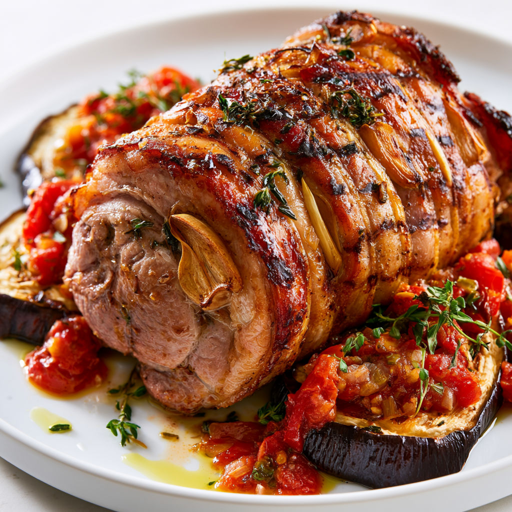 Épaule d'agneau grillée au barbecue avec aubergines mijotées à la tomate.