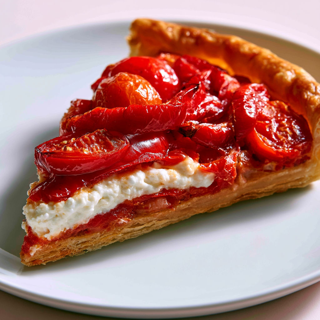 Tarte croustillante aux tomates, poivrons marinés et ricotta.