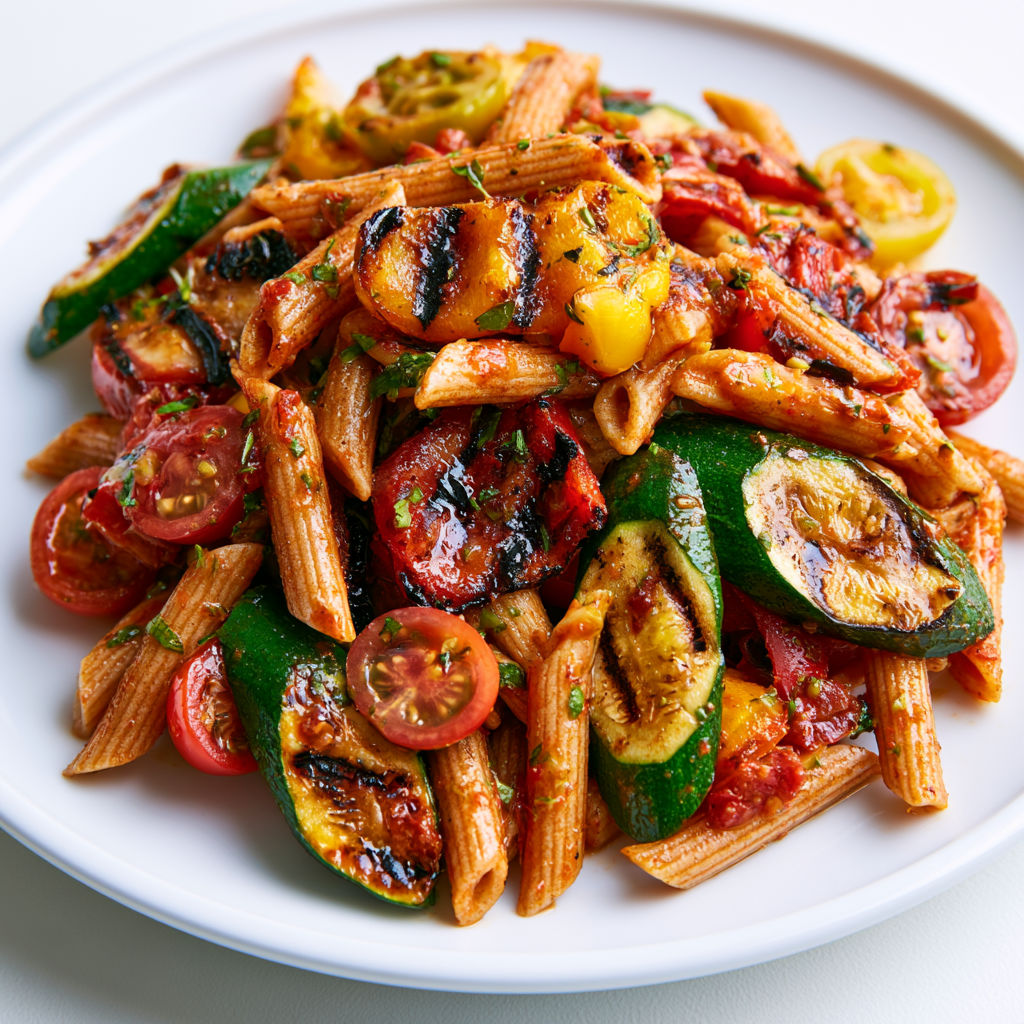Salade de pâtes aux légumes grillés avec vinaigrette maison à la tomate.