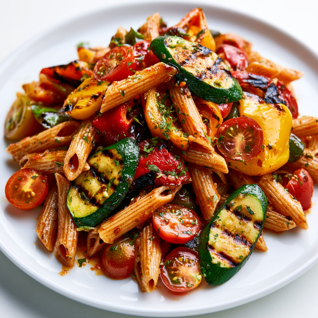 Salade de pâtes estivale aux légumes grillés et tomates fraîches.
