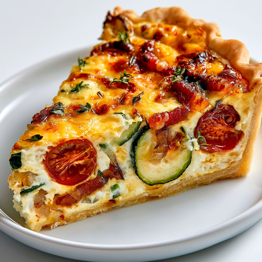 Une quiche lorraine revisitée aux légumes d'été, avec des tomates et des courgettes .