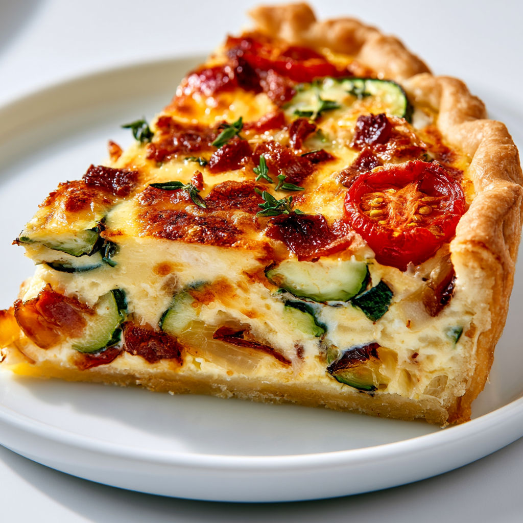 Une tarte aux cucumbers et aux tomates, avec une base de pâte brisée et des ingrédients frais.