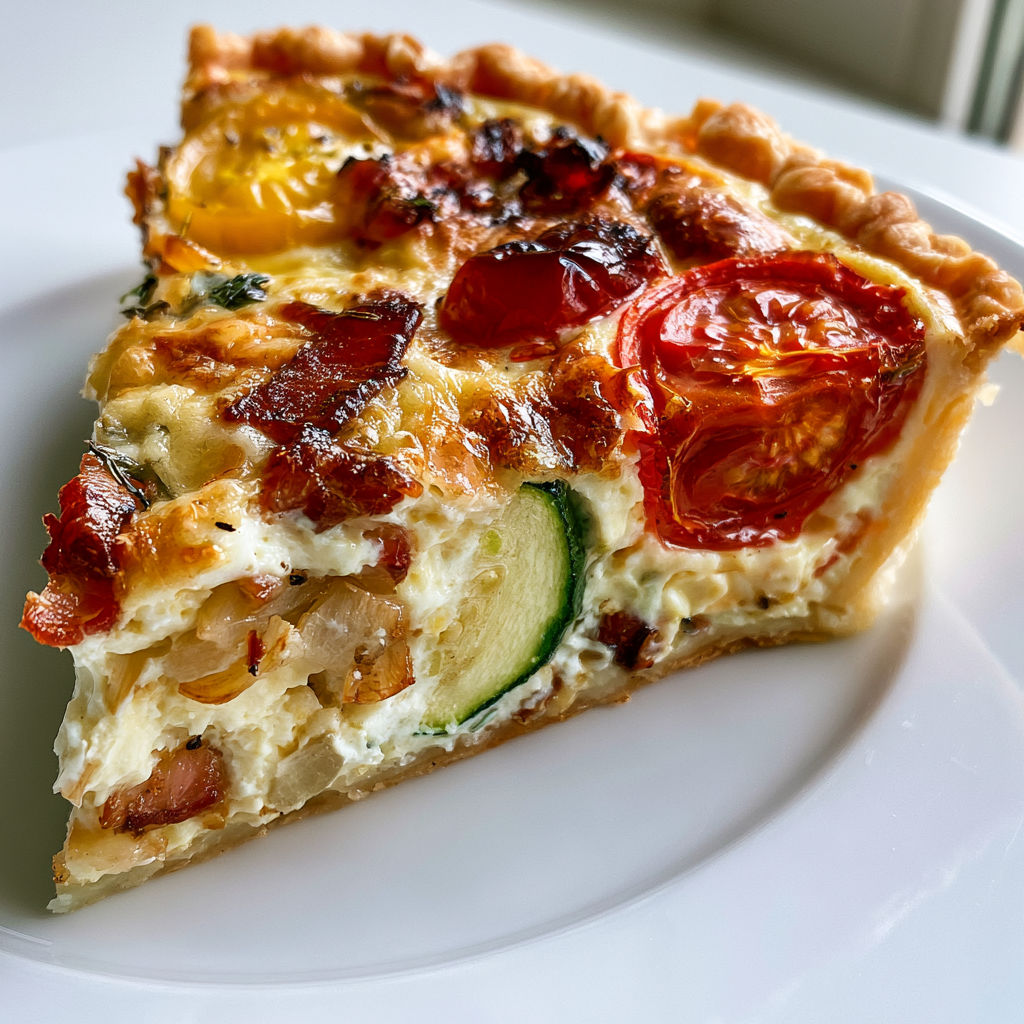 Une tarte aux tomates et aux cucumbers, avec une base de pâte brisée, est servie sur un plateau.