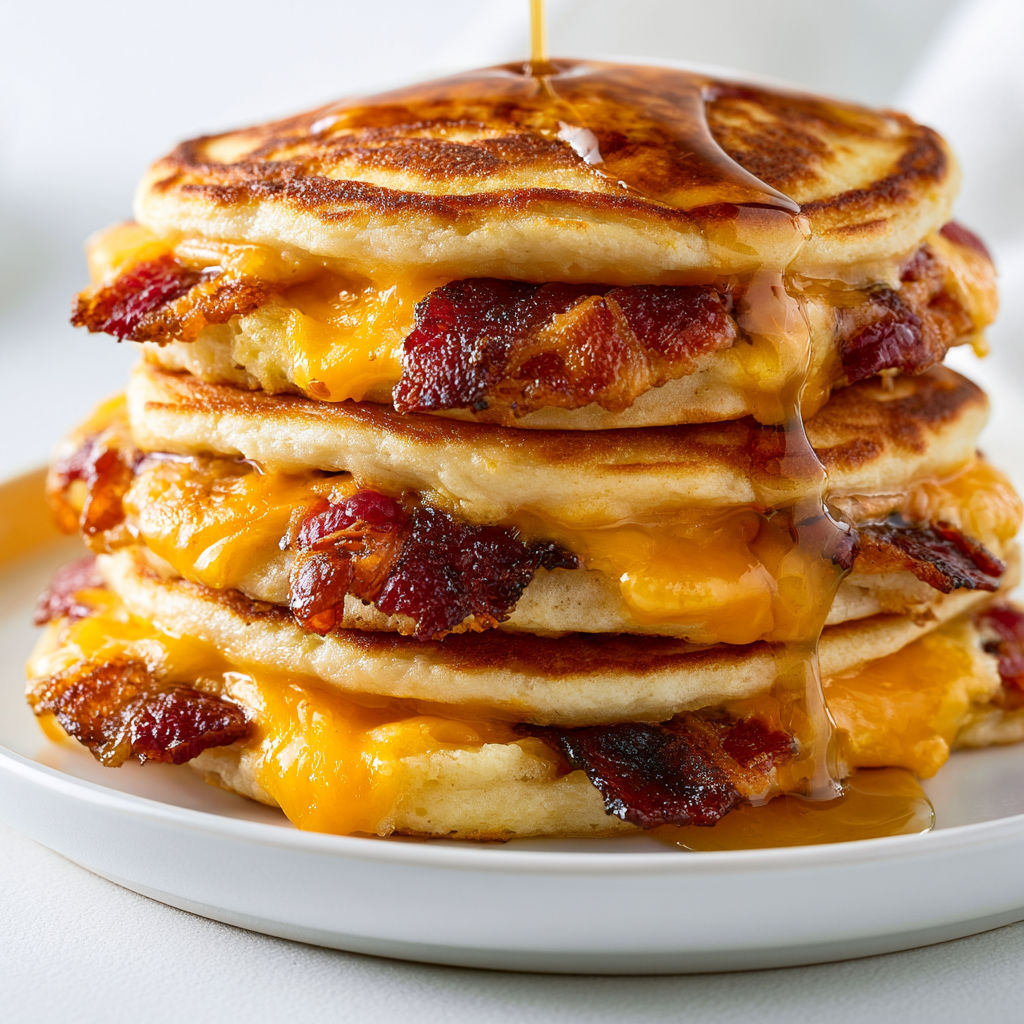 Pancakes fourrés au bacon, une pile de pancakes fourrés avec du bacon, une recette savoureuse et délicieuse.