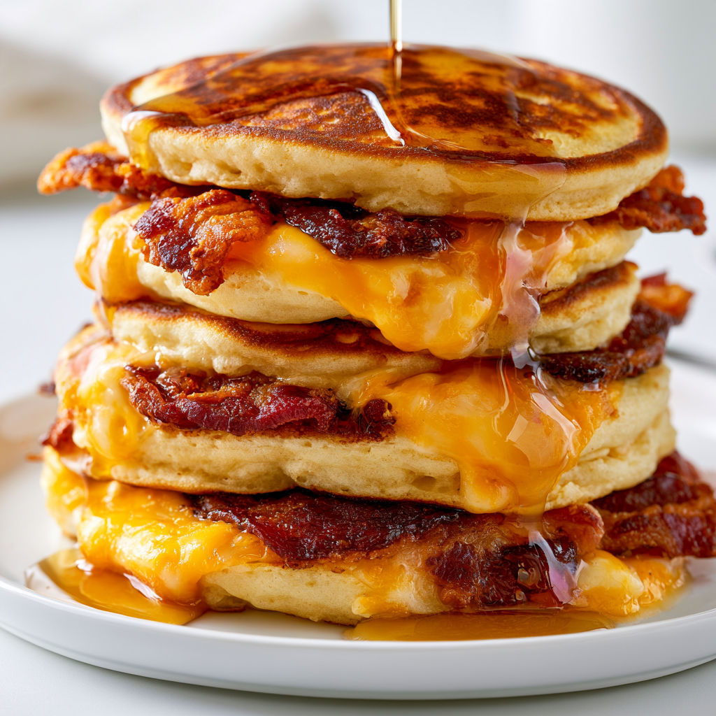 Un délicieux plat de pancakes sucrées et salées au bacon et sirop d’érable