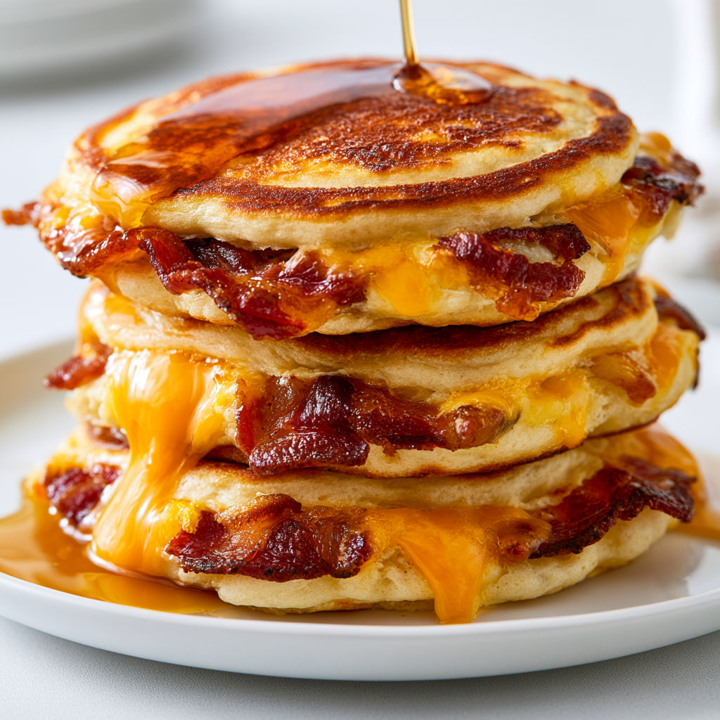 Une pile de pancakes bacon et cheddar avec du sirop d'érable.
