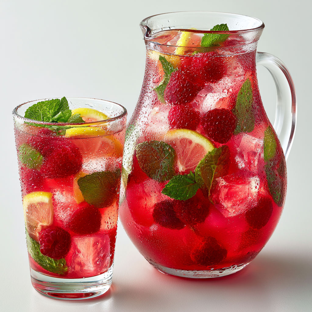 Une citronnade maison aux framboises fraîches est servie dans un verre et un vase.