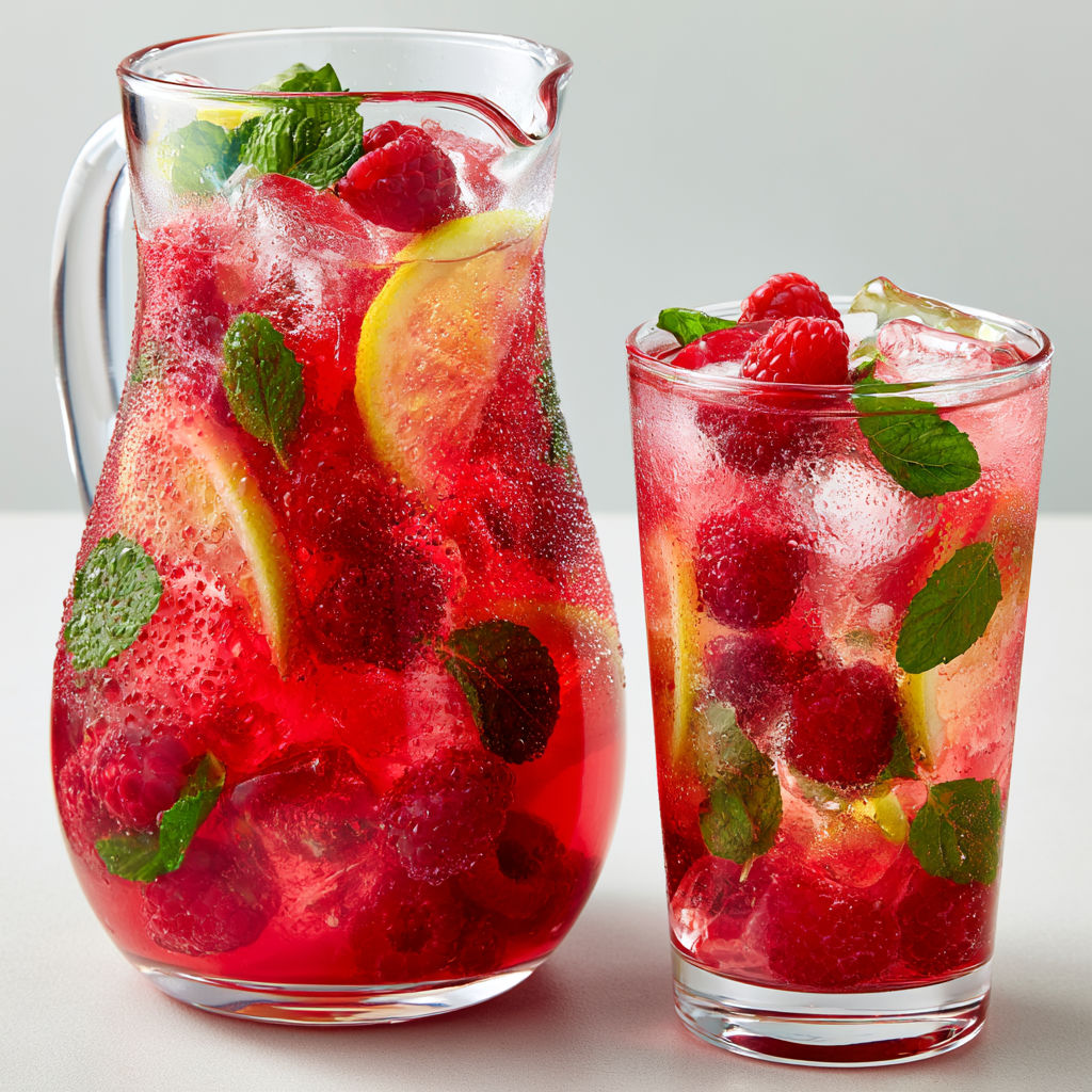 Une citronnade maison aux framboises fraîches est servie dans un verre et un vase.